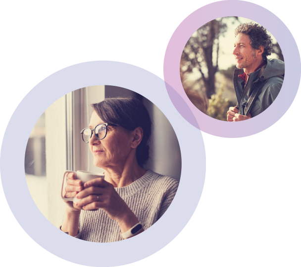Circle images of man outdoors and woman drinking coffee looking out window.